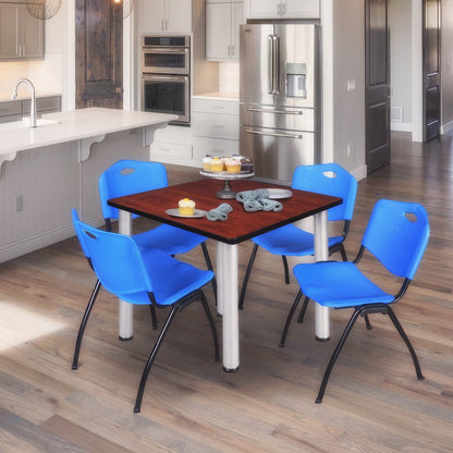 48 in Square Breakroom Table- Cherry Top, Chrome Legs, 4 M Stack Chairs- Blue