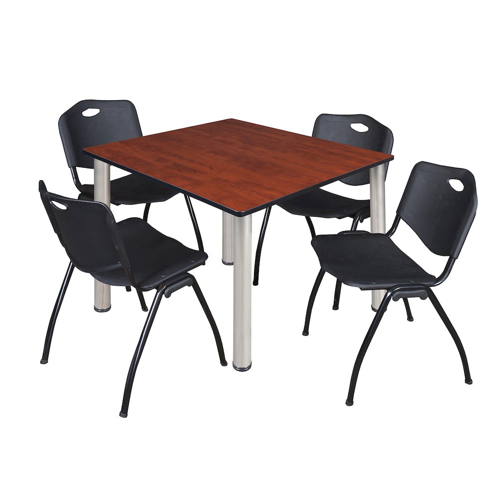 48 in Square Breakroom Table- Cherry Top, Chrome Legs, 4 M Stack Chairs- Black