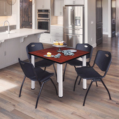 48 in Square Breakroom Table- Cherry Top, Chrome Legs, 4 M Stack Chairs- Black