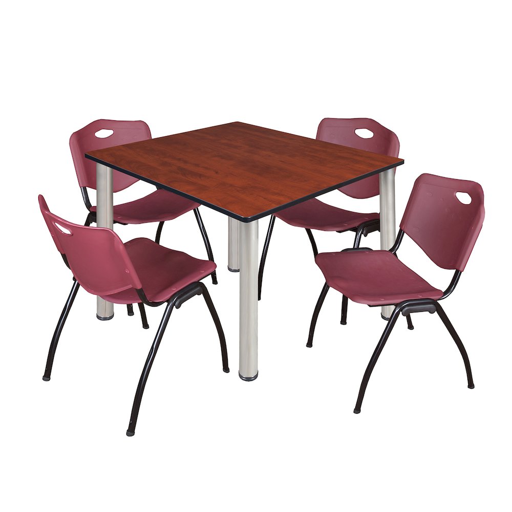 48 Square Breakroom Table- Cherry Top, Chrome Legs, 4 M Stack Chairs- Burgundy