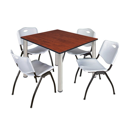 48 in Square Breakroom Table- Cherry Top, Chrome Legs, 4 M Stack Chairs- Grey