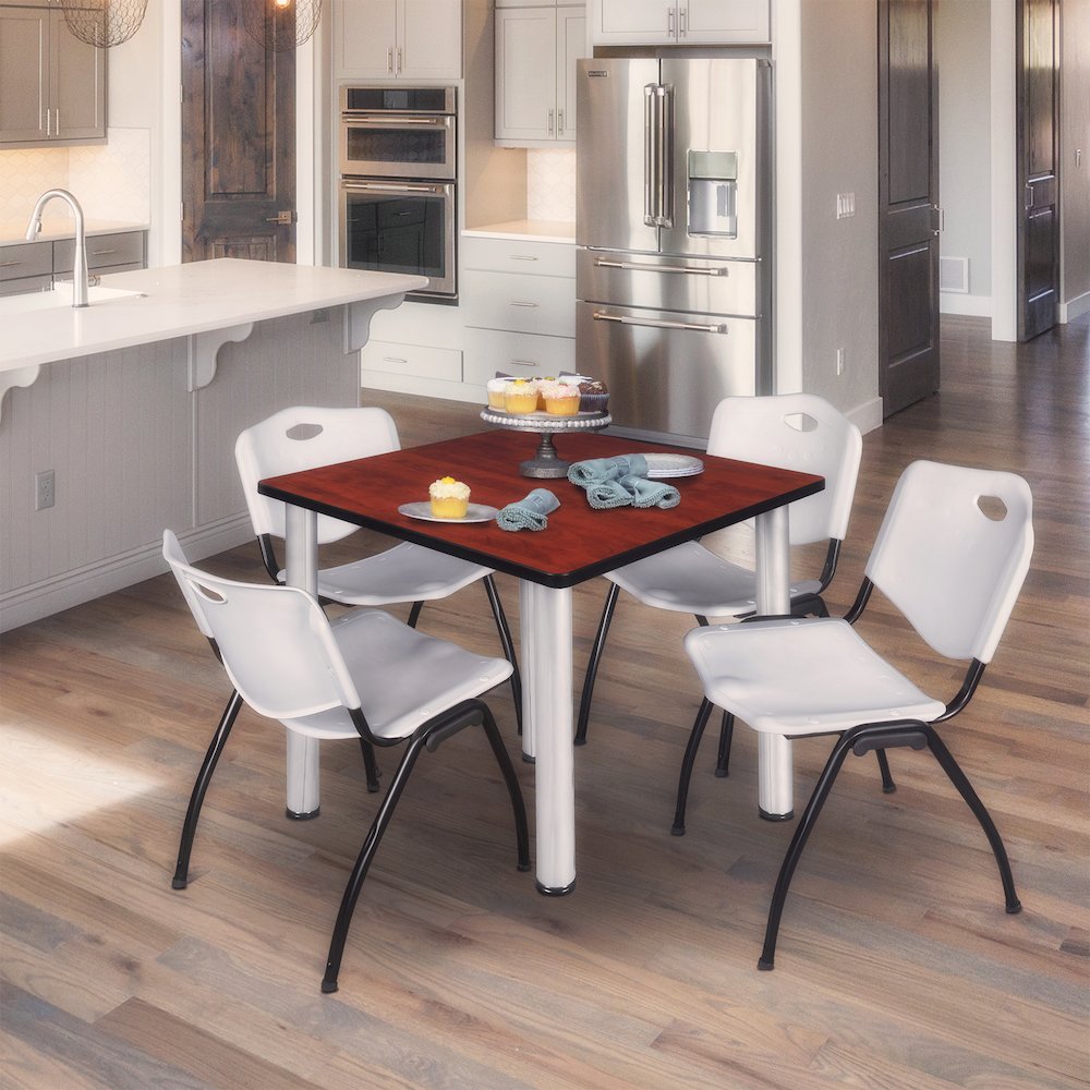 48 in Square Breakroom Table- Cherry Top, Chrome Legs, 4 M Stack Chairs- Grey