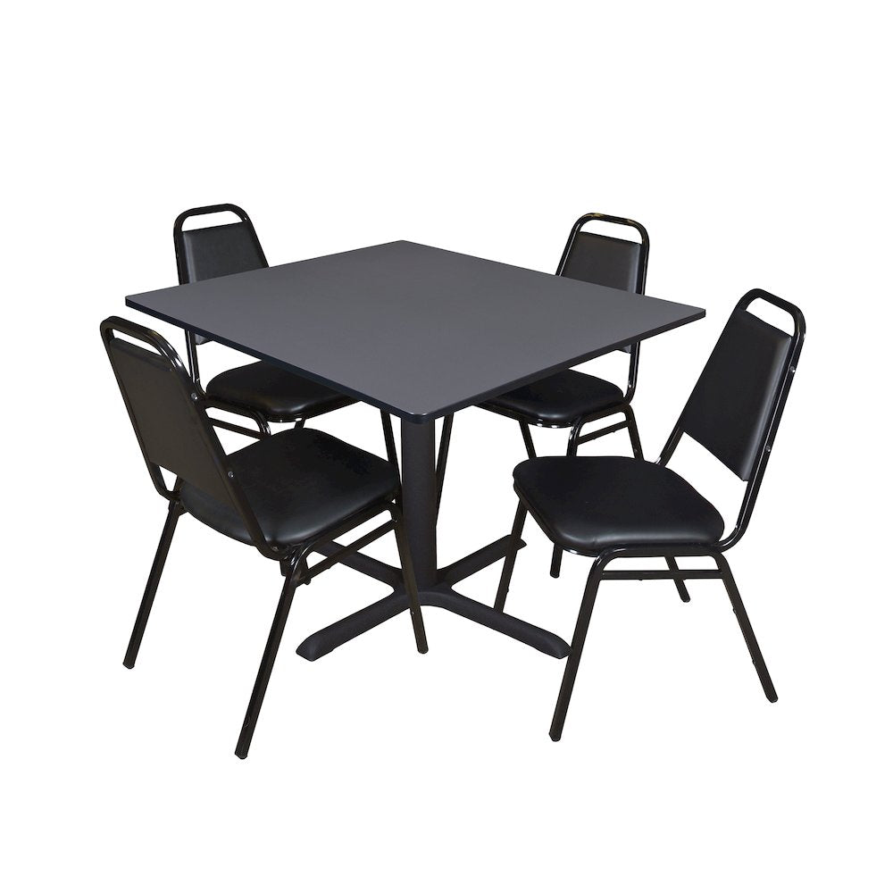 48 in. Square X-Base Breakroom Table- Grey & 4 Restaurant Stack Chairs- Black