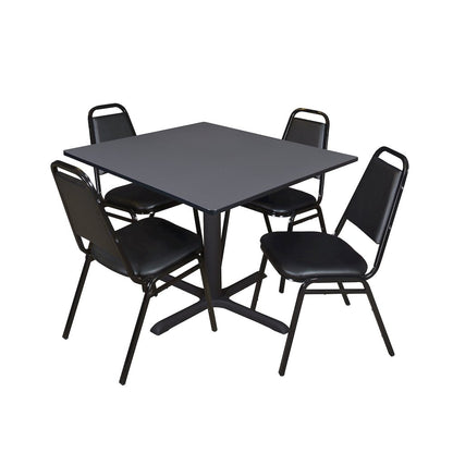 48 in. Square X-Base Breakroom Table- Grey & 4 Restaurant Stack Chairs- Black