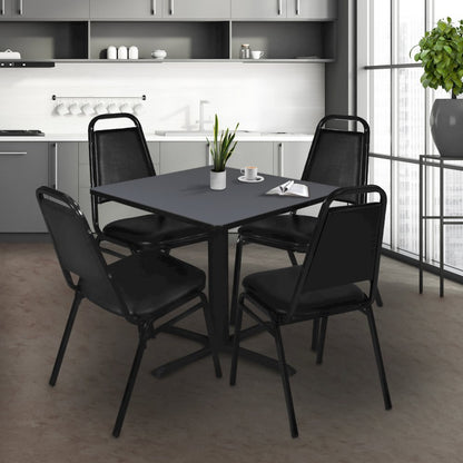 48 in. Square X-Base Breakroom Table- Grey & 4 Restaurant Stack Chairs- Black