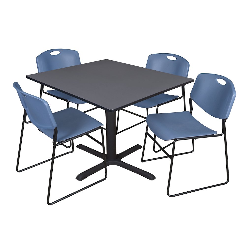 48 in. Square X-Base Breakroom Table- Grey & 4 Zeng Stack Chairs- Blue