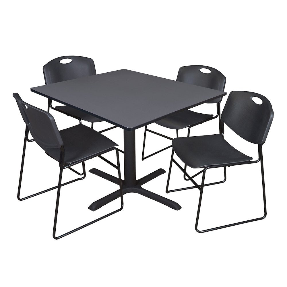 48 in. Square X-Base Breakroom Table- Grey & 4 Zeng Stack Chairs- Black