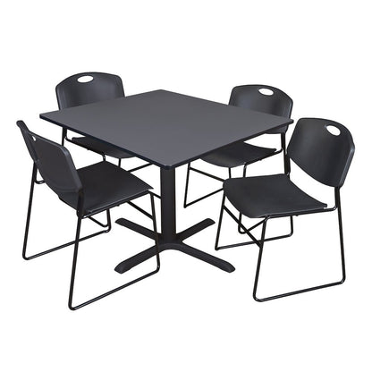 48 in. Square X-Base Breakroom Table- Grey & 4 Zeng Stack Chairs- Black