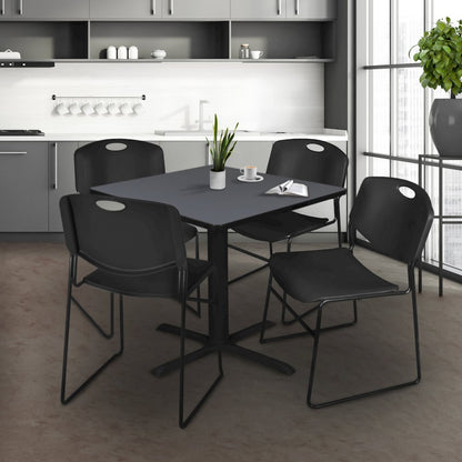 48 in. Square X-Base Breakroom Table- Grey & 4 Zeng Stack Chairs- Black