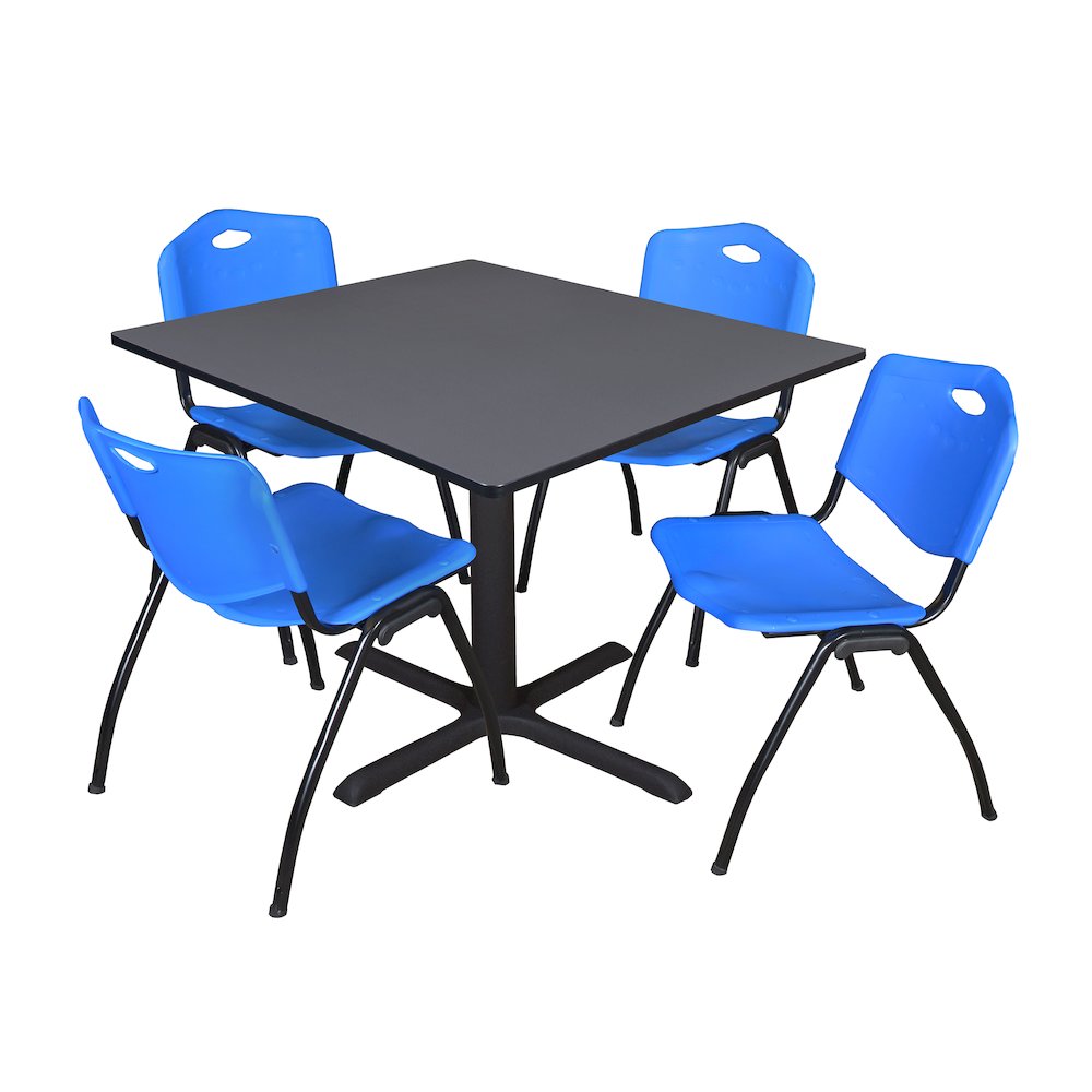 48 in. Square X-Base Breakroom Table- Grey & 4 M Stack Chairs- Blue