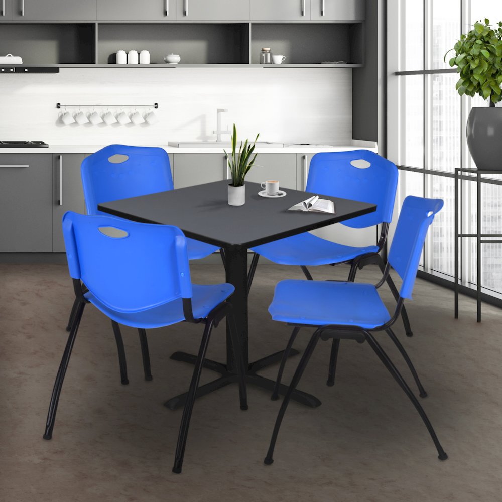 48 in. Square X-Base Breakroom Table- Grey & 4 M Stack Chairs- Blue