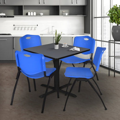 48 in. Square X-Base Breakroom Table- Grey & 4 M Stack Chairs- Blue