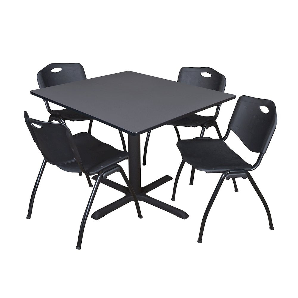 48 in. Square X-Base Breakroom Table- Grey & 4 M Stack Chairs- Black
