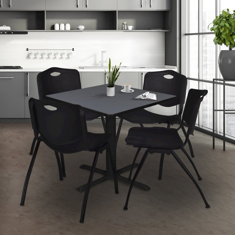 48 in. Square X-Base Breakroom Table- Grey & 4 M Stack Chairs- Black