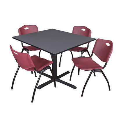 48 in. Square X-Base Breakroom Table- Grey & 4 M Stack Chairs- Burgundy