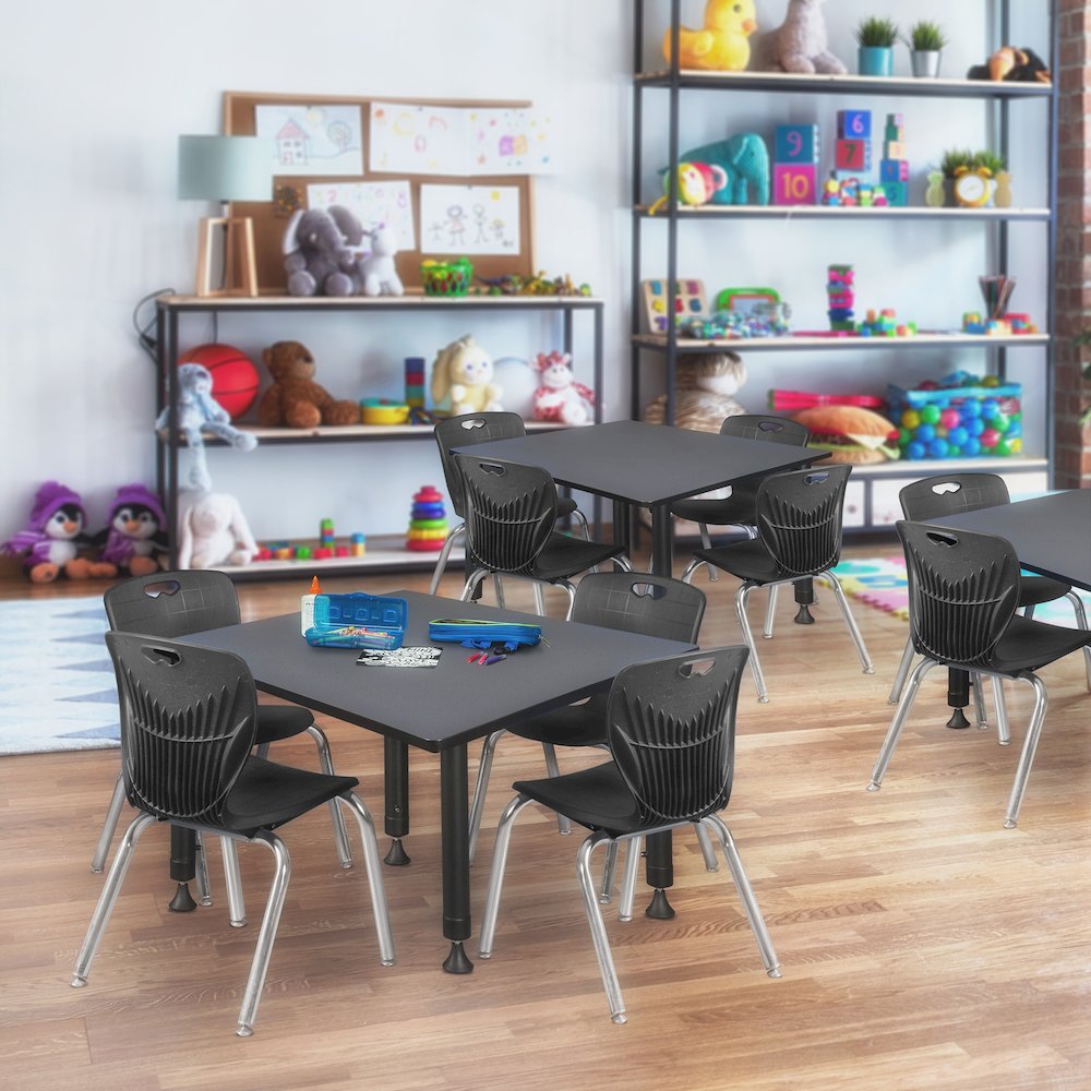 48 Square Adjustable Classroom Table- Grey & 4 Andy 12 Stack Chairs- Black