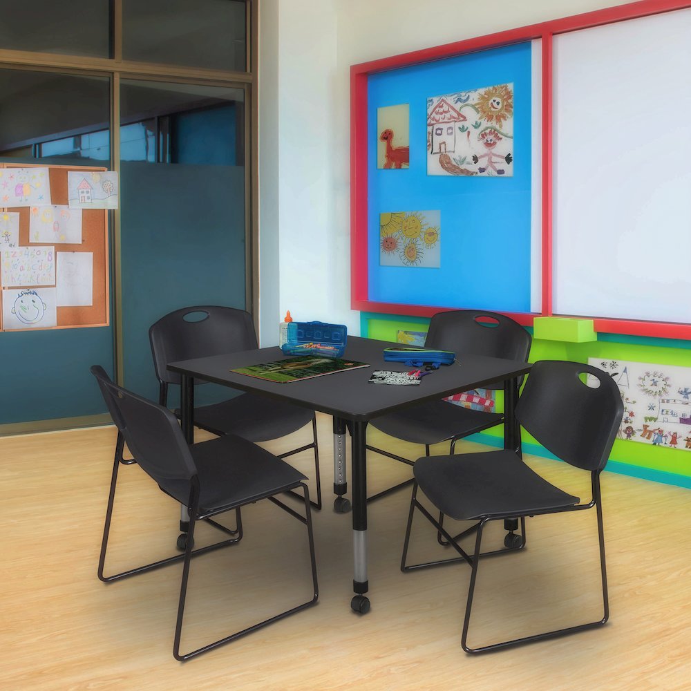 48 Square Mobile Adjustable Classroom Table- Grey & 4 Zeng Stack Chairs- Black
