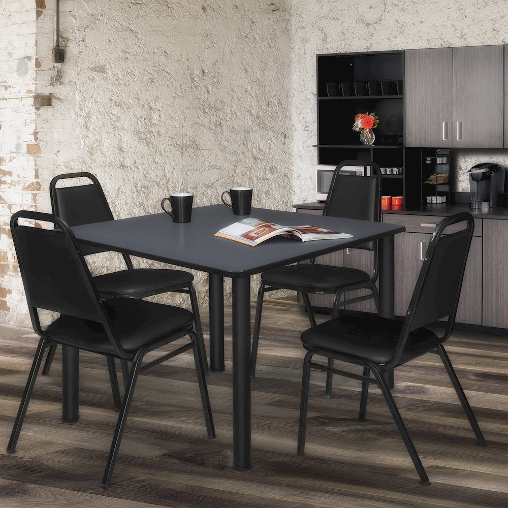 48 in Square Breakroom Table- Grey Top, Black Legs, 4 Restaurant Stack Chairs