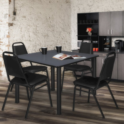 48 in Square Breakroom Table- Grey Top, Black Legs, 4 Restaurant Stack Chairs
