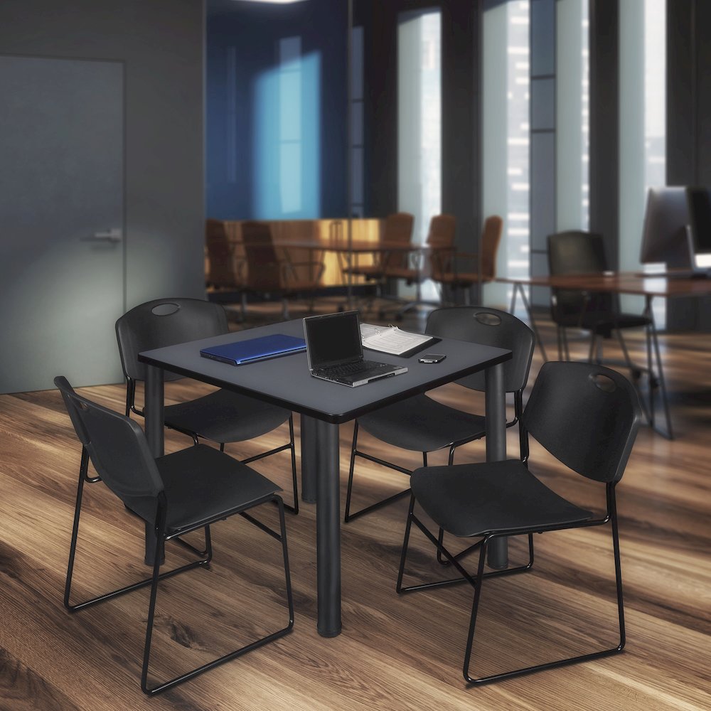 48 in Square Breakroom Table- Grey Top, Black Legs, 4 Zeng Stack Chairs- Black