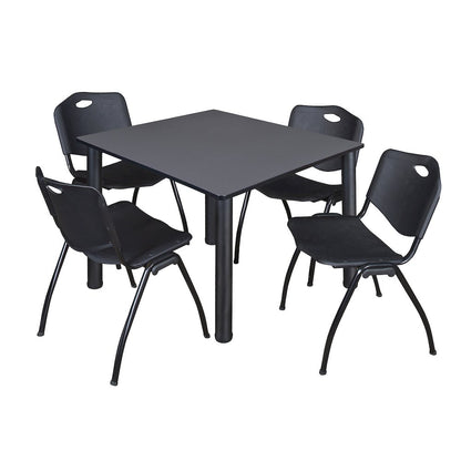 48 in Square Breakroom Table- Grey Top, Black Legs, 4 M Stack Chairs- Black