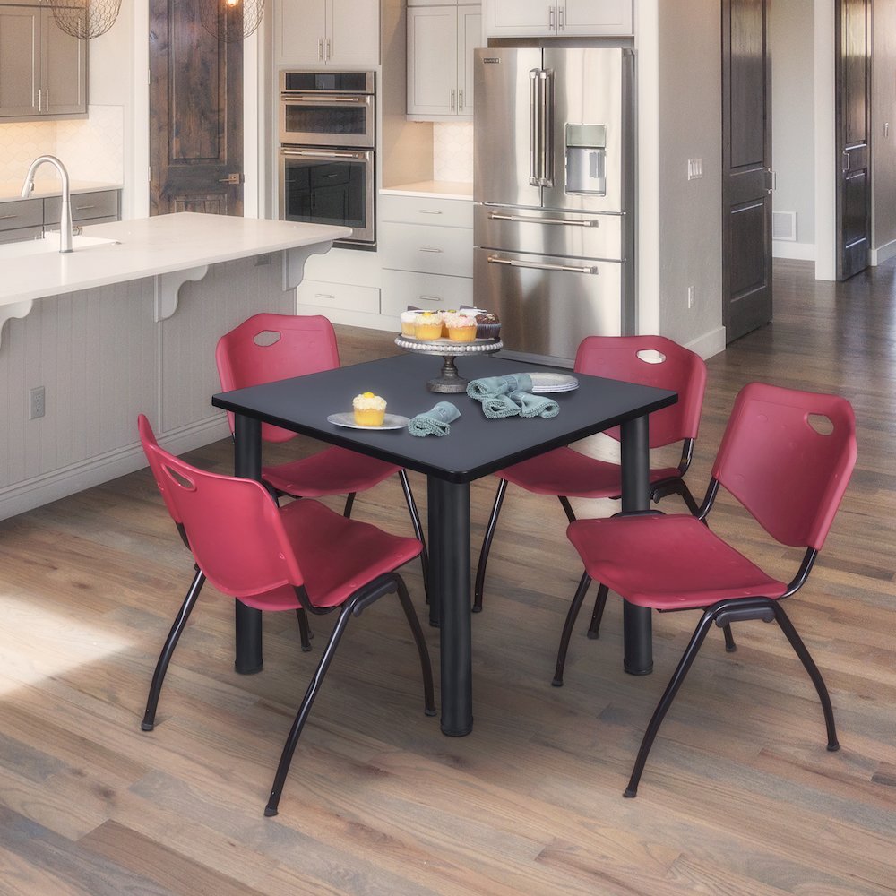 48 in Square Breakroom Table- Grey Top, Black Legs, 4 M Stack Chairs- Burgundy
