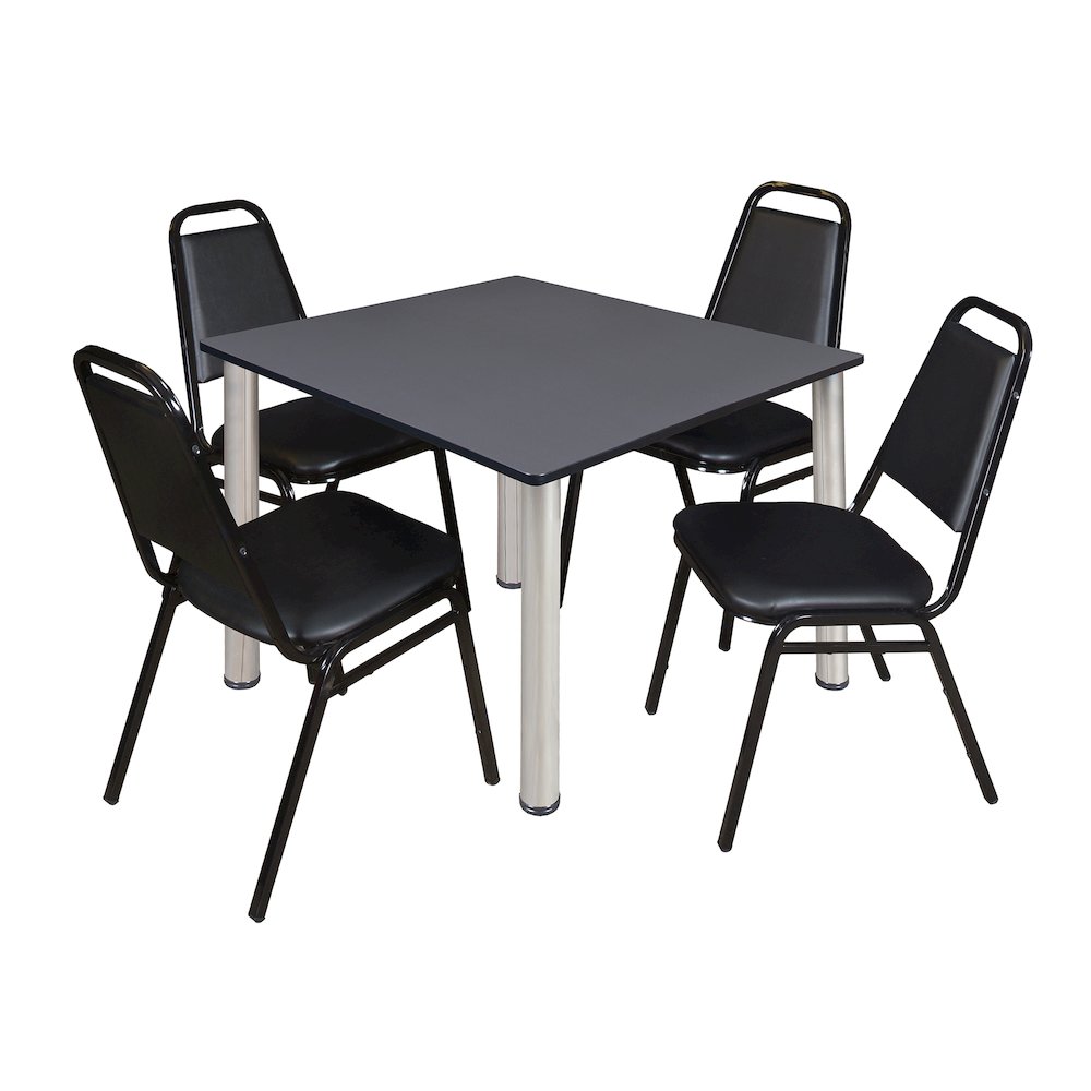 48 in Square Breakroom Table- Grey Top, Chrome Legs, 4 Restaurant Stack Chairs