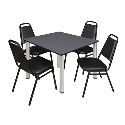 48 in Square Breakroom Table- Grey Top, Chrome Legs, 4 Restaurant Stack Chairs