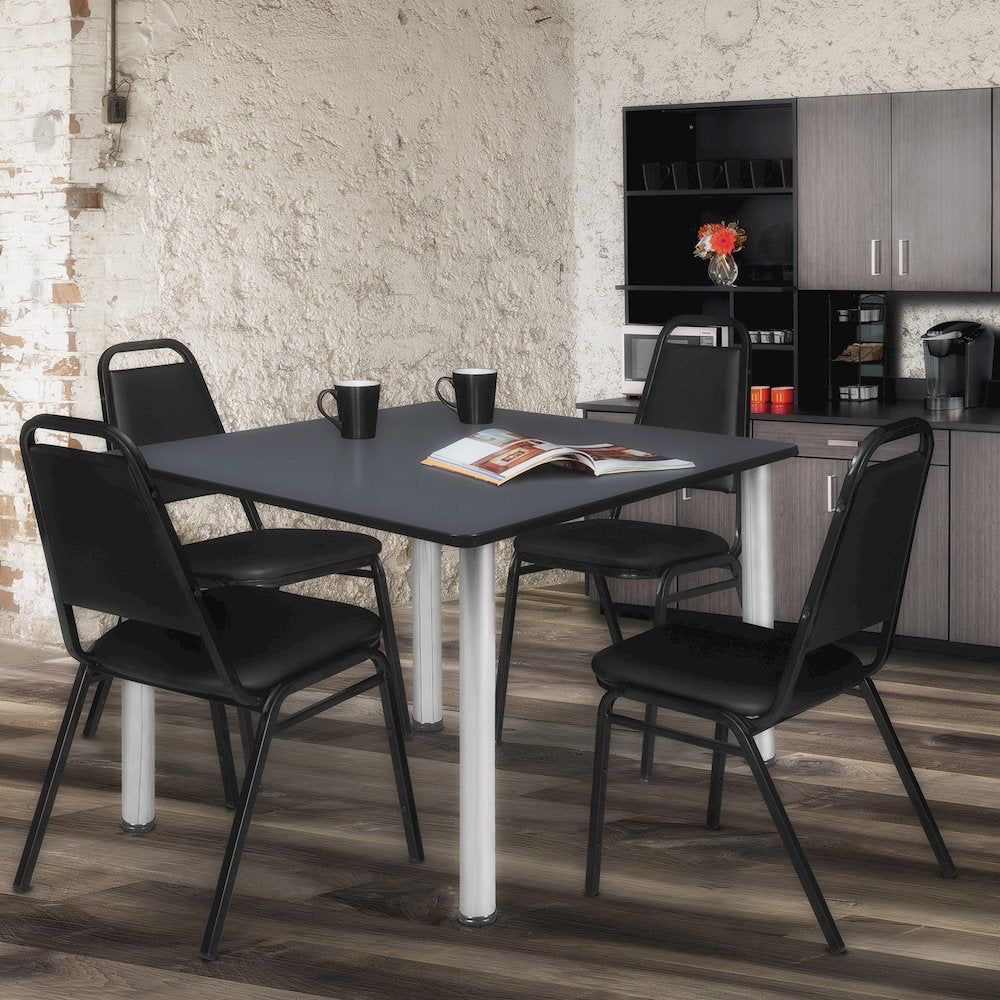 48 in Square Breakroom Table- Grey Top, Chrome Legs, 4 Restaurant Stack Chairs