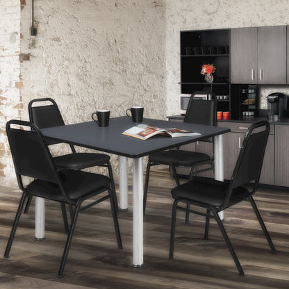 48 in Square Breakroom Table- Grey Top, Chrome Legs, 4 Restaurant Stack Chairs