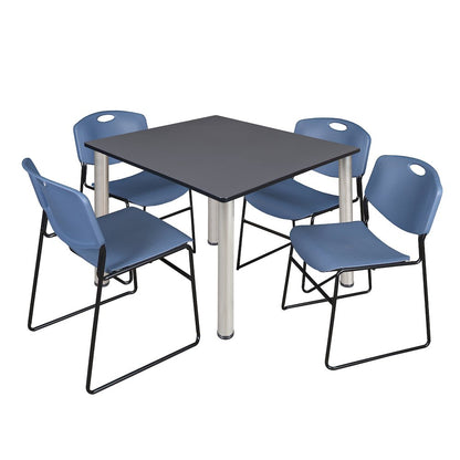 48 in Square Breakroom Table- Grey Top, Chrome Legs, 4 Zeng Stack Chairs- Blue
