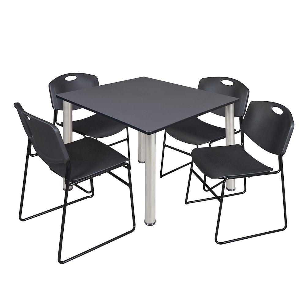 48 in Square Breakroom Table- Grey Top, Chrome Legs, 4 Zeng Stack Chairs- Black