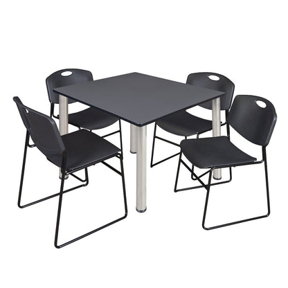 48 in Square Breakroom Table- Grey Top, Chrome Legs, 4 Zeng Stack Chairs- Black