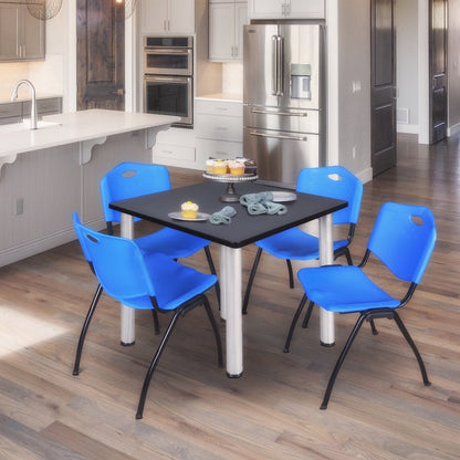 48 in Square Breakroom Table- Grey Top, Chrome Legs, 4 M Stack Chairs- Blue