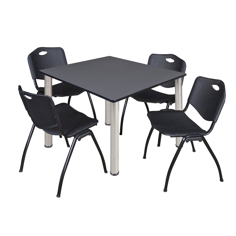 48 in Square Breakroom Table- Grey Top, Chrome Legs, 4 M Stack Chairs- Black