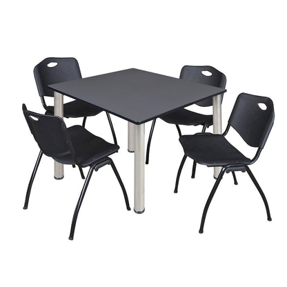 48 in Square Breakroom Table- Grey Top, Chrome Legs, 4 M Stack Chairs- Black