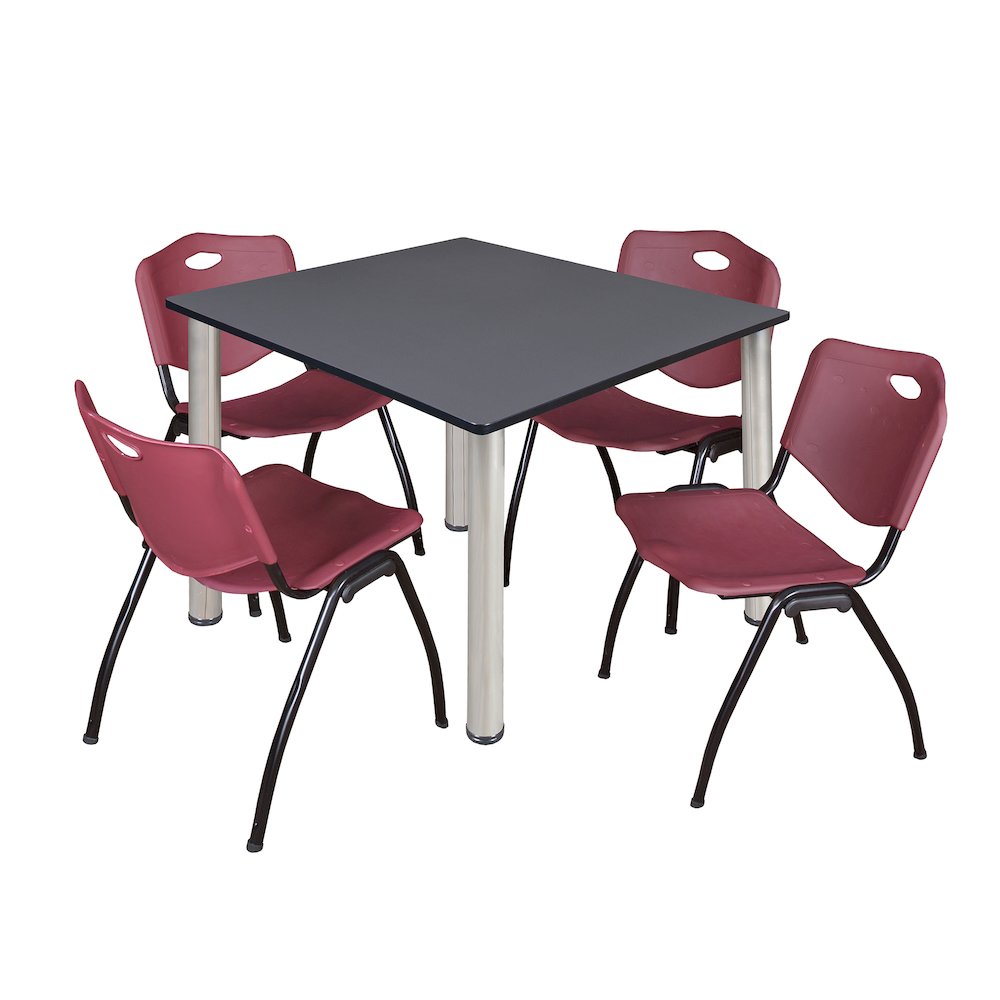 48 in Square Breakroom Table- Grey Top, Chrome Legs, 4 M Stack Chairs- Burgundy