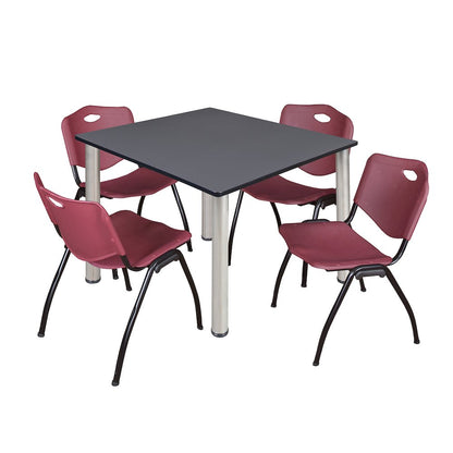 48 in Square Breakroom Table- Grey Top, Chrome Legs, 4 M Stack Chairs- Burgundy