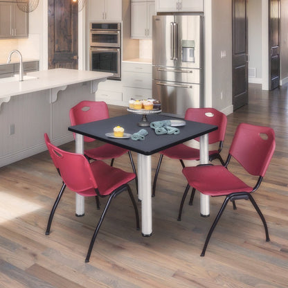 48 in Square Breakroom Table- Grey Top, Chrome Legs, 4 M Stack Chairs- Burgundy