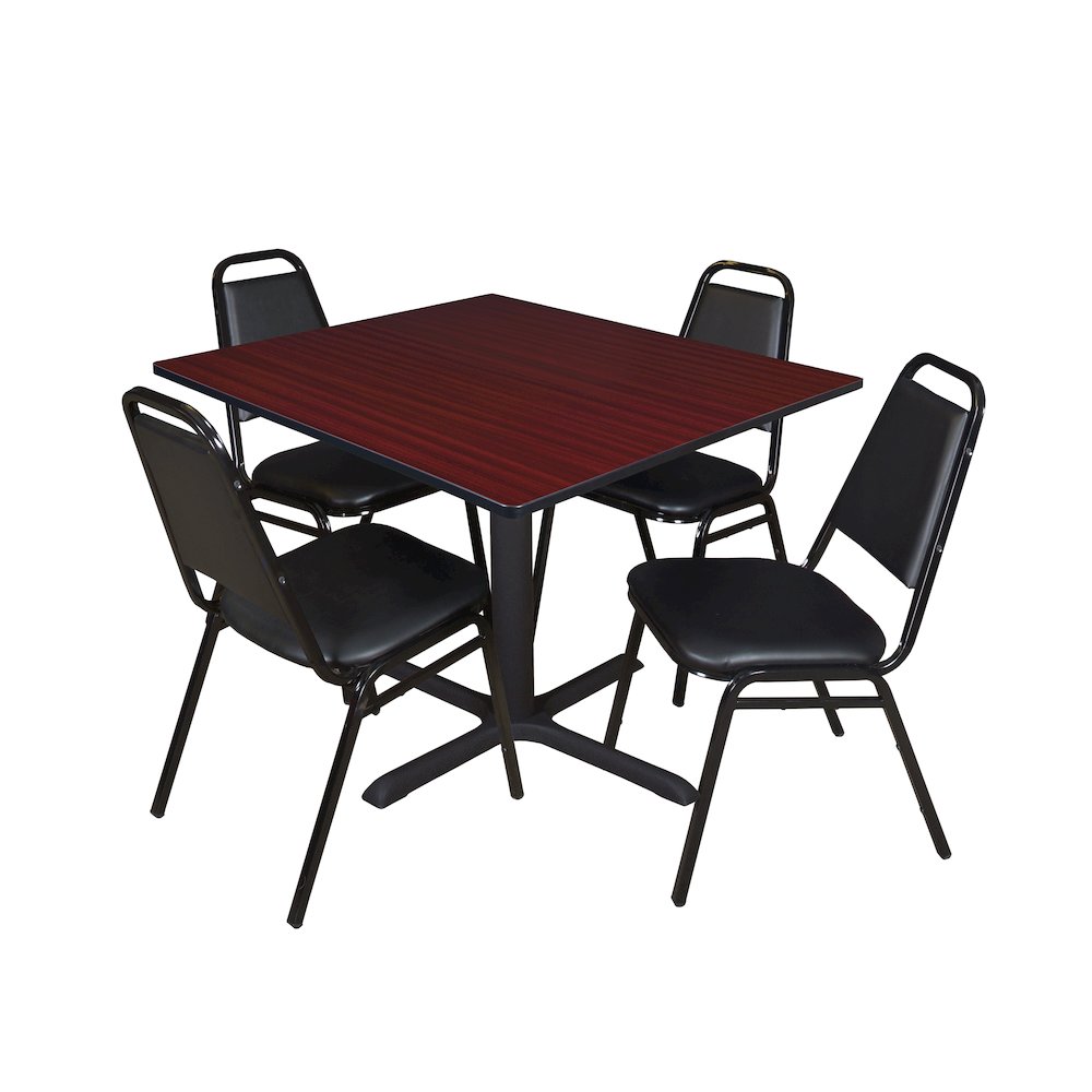 48 Square X-Base Breakroom Table- Mahogany & 4 Restaurant Stack Chairs- Black