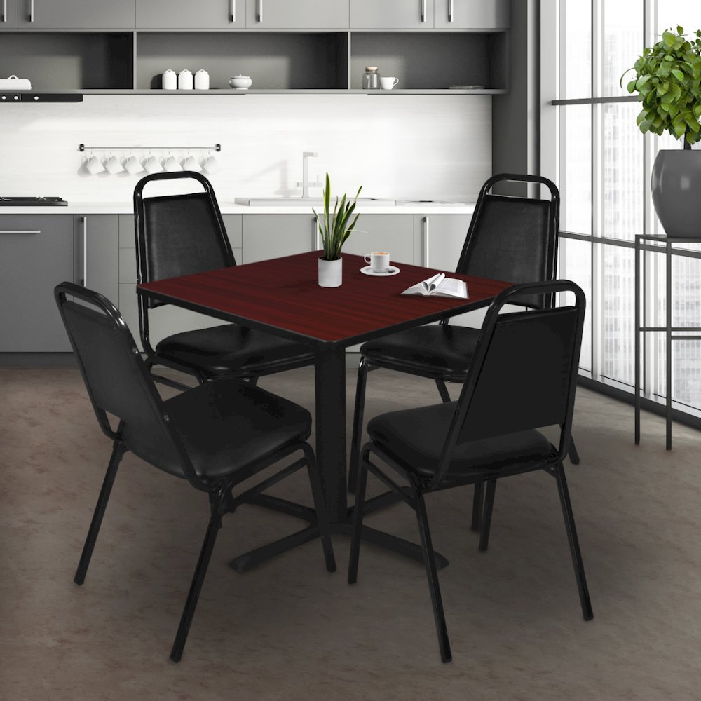 48 Square X-Base Breakroom Table- Mahogany & 4 Restaurant Stack Chairs- Black