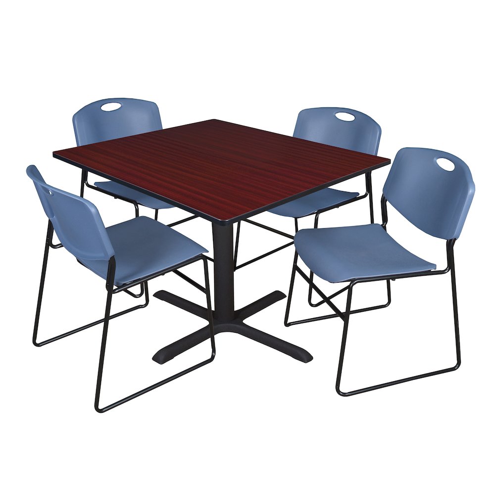 48 in. Square X-Base Breakroom Table- Mahogany & 4 Zeng Stack Chairs- Blue