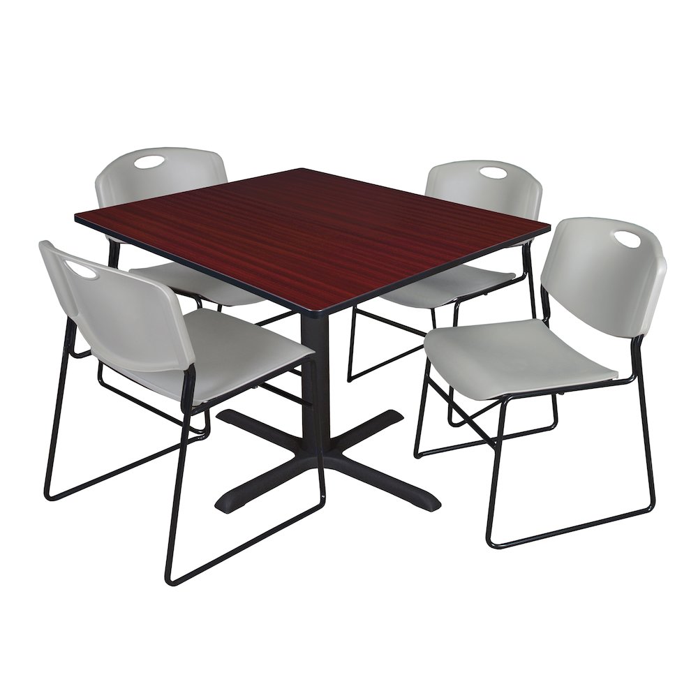 48 in. Square X-Base Breakroom Table- Mahogany & 4 Zeng Stack Chairs- Grey