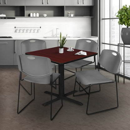 48 in. Square X-Base Breakroom Table- Mahogany & 4 Zeng Stack Chairs- Grey