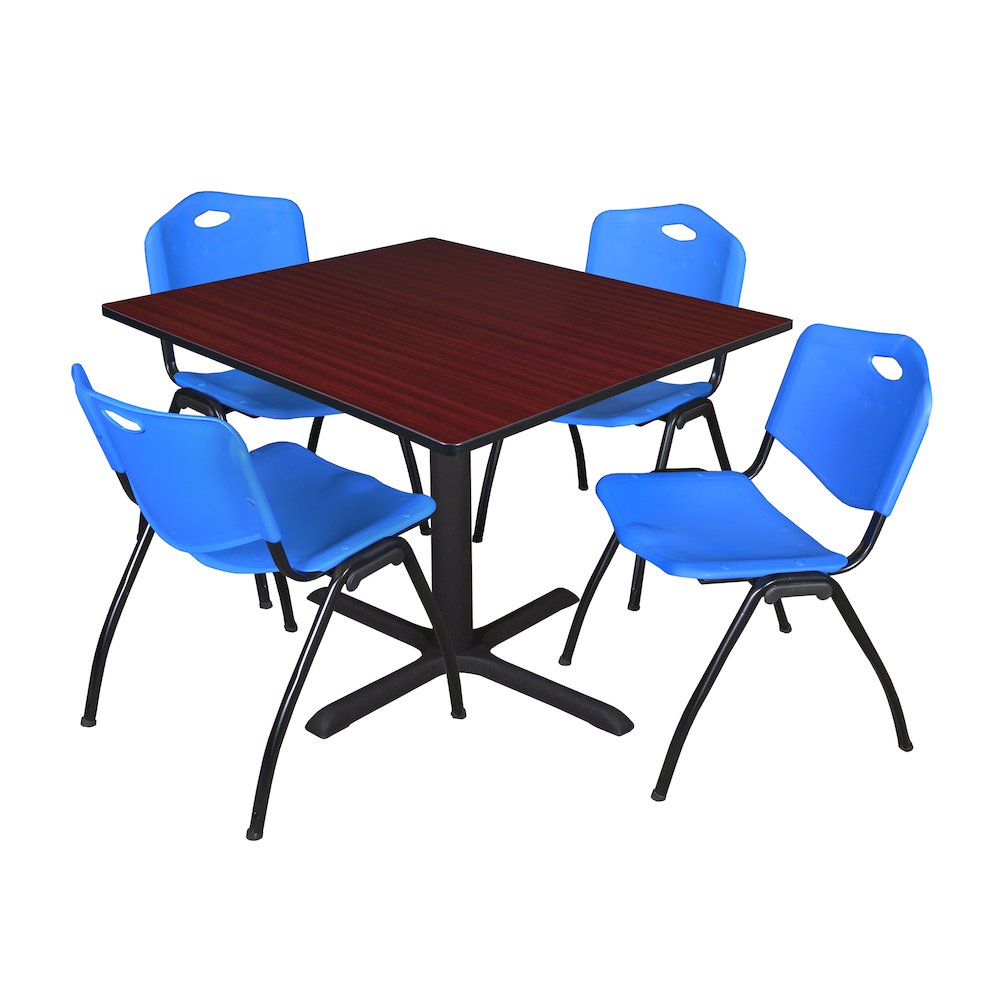 48 in. Square X-Base Breakroom Table- Mahogany & 4 M Stack Chairs- Blue