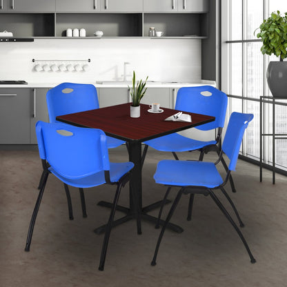 48 in. Square X-Base Breakroom Table- Mahogany & 4 M Stack Chairs- Blue
