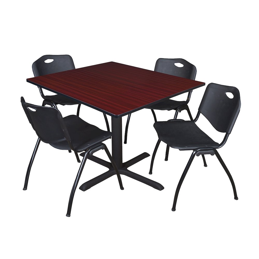 48 in. Square X-Base Breakroom Table- Mahogany & 4 M Stack Chairs- Black