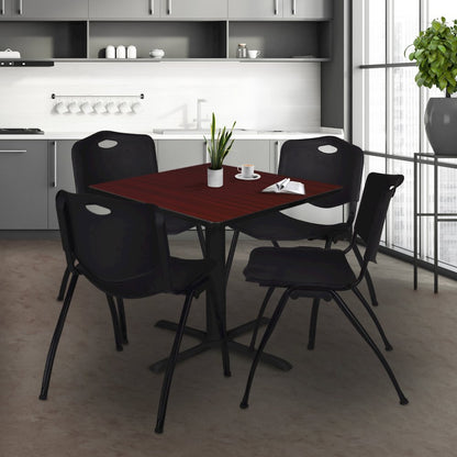 48 in. Square X-Base Breakroom Table- Mahogany & 4 M Stack Chairs- Black
