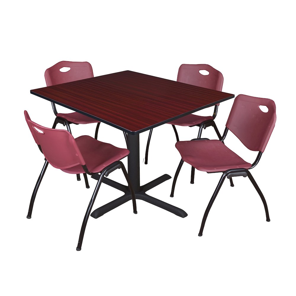48 in. Square X-Base Breakroom Table- Mahogany & 4 M Stack Chairs- Burgundy