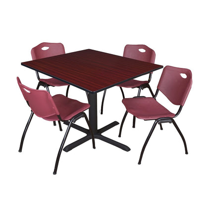48 in. Square X-Base Breakroom Table- Mahogany & 4 M Stack Chairs- Burgundy